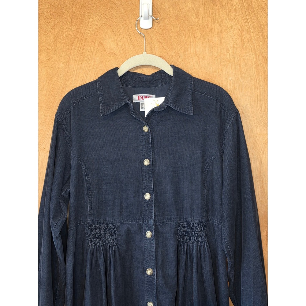 Vintage FADS Navy Blue Corduroy Smocked Waist Midi Dress Dark Academia Size 10 - Picture 2 of 7